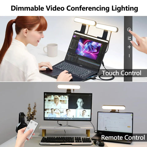 Dual Lamp Ring Light For Video Calls And Live Streaming With Remote And Touch Dimming Pro Grade LED Lighting setup on monitors.