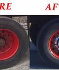 Before and after of Four Pack 33mm Rear Wheel Covers For Semi Trucks And Big Rigs, Chrome Plated ABS Lug Nut Caps on red rim