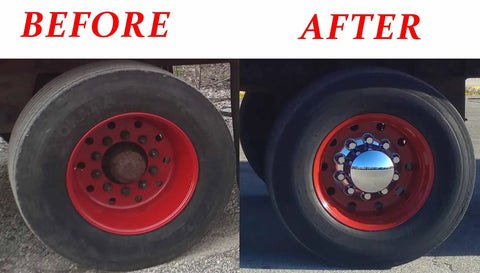 Before and after of Four Pack 33mm Rear Wheel Covers For Semi Trucks And Big Rigs, Chrome Plated ABS Lug Nut Caps on red rim