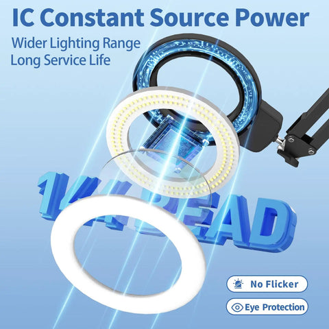 Ultra Long Magnifying Glass With Light And Clamp 35.5 Inch Reach showing LED ring, swivel arm, and IC power features.