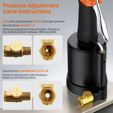 Pressure adjustment valves on Go-To Pneumatic Hydraulic Rivet Nut Gun Set With 8 Mandrels And Storage Case Heavy-Duty Riveter.