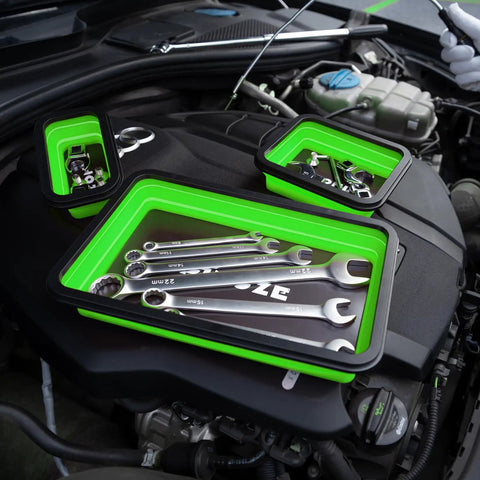 Collapsible Magnetic Parts Organizer Trays With 12 Inch Flexible Magnetic Pickup Tool 3 Size Magnetic Trays And Pick Up Sweeper For Screws Bolts Nuts Washers Pins And Metal Parts Green