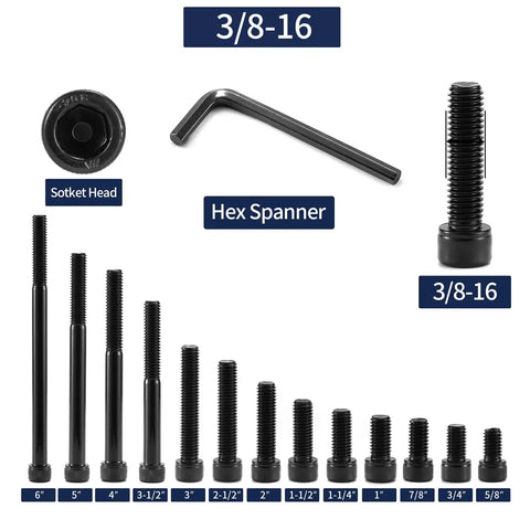Heavy Duty 3/8 16 X 2 Inch Socket Head Cap Screw Bolts, 20 Pcs 304 Stainless Steel 18 8 displayed with a hex spanner and various screw sizes.