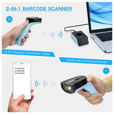 Wireless Bluetooth 2D Barcode Scanner With Hands Free Operation, Charging Cradle, illustrating connectivity to laptop and phone.