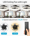 Black Bladeless Ceiling Fan With Light, Low Profile Flush Mount Indoor Fixture, Remote And App Controlled, 6 Speed Settings