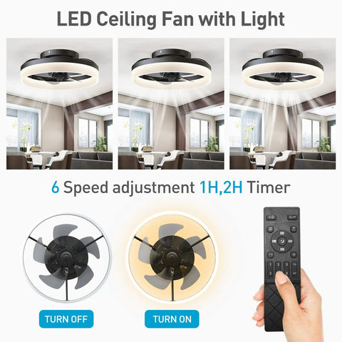 Black Bladeless Ceiling Fan With Light, Low Profile Flush Mount Indoor Fixture, Remote And App Controlled, 6 Speed Settings