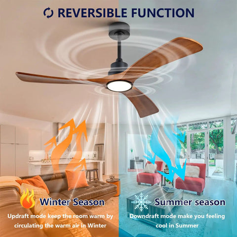 52 Inch Wood Ceiling Fan With 3 Solid Wood Blades Reversible DC Motor For Living Room demonstrating winter and summer airflow.