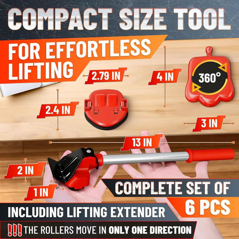 Compact heavy duty furniture mover kit with wheels appliance lifter and sliders including lifting extenders, size dimensions displayed.