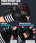 Wall Mounted Boxing Trainer With 3D Uppercut Targets, ergonomic gloves showing fingerless design and grip details on black gloves.