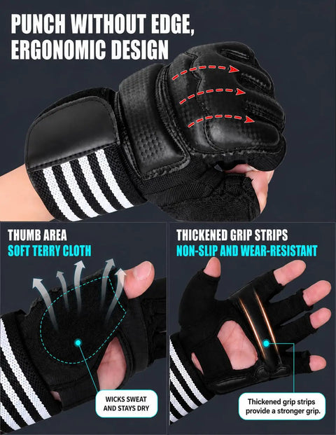 Wall Mounted Boxing Trainer With 3D Uppercut Targets, ergonomic gloves showing fingerless design and grip details on black gloves.
