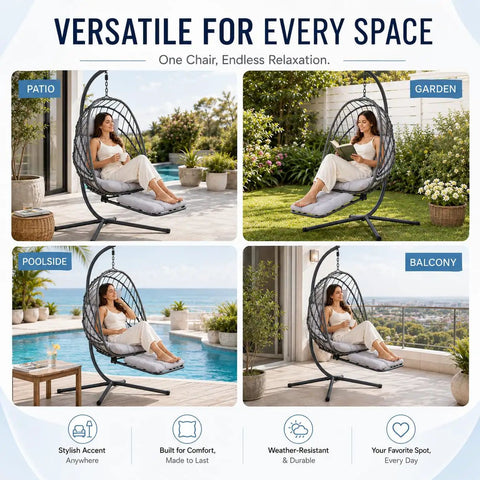 Chill Hanging Egg Chair With Stand And Retractable Footrest In Dark Gray Frame Wicker Rattan Swing Chair With Thick Cushion And Headrest Indoor Outdoor Hammock Lounge For Patio Balcony Garden Heavy Duty Steel Stand