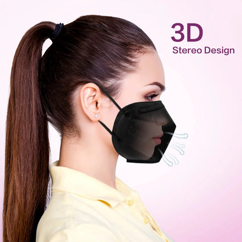 Side view of a woman wearing a KN95 Face Mask 50 Pack Disposable Respirator Masks With 5 Layer Design For High Filtration, grey