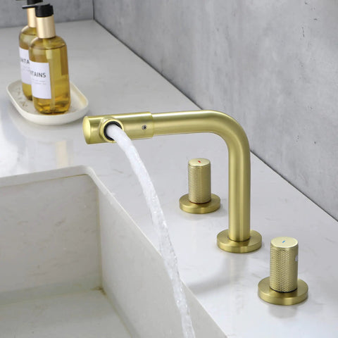 8 Inch Widespread Bathroom Faucet With 360 Degree Swivel Spout And Nozzle, Brushed Gold Finish, Dual Handle 3 Hole Sink Faucet