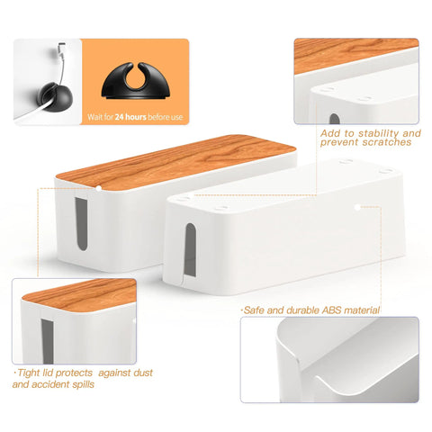 Diagram showing Two Pack Wooden Style Cable Organizer Boxes with Sixteen Cable Clips and protective ABS material details