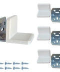 Hella Sturdy Stainless Steel L Brackets With Smooth White Caps provide serious anti tip reinforcement for floating shelves and cabinetry.