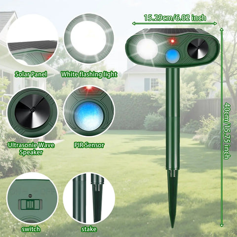 Solar Powered Ultrasonic Pest Deterrent For Your Yard And Garden, Motion Sensor Outdoor Light That Fends Off Raccoons, Squirrels, Rabbits, Cats, Dogs And Skunks, IP65 Weatherproof Animal Repeller, 40cm stake
