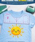 Tshirt Ruler Guide For Cricut Heat Press Game Changer Shirt Alignment Tool on blue t-shirt with sun design for logo placement.