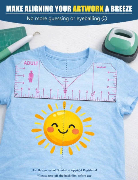 Tshirt Ruler Guide For Cricut Heat Press Game Changer Shirt Alignment Tool on blue t-shirt with sun design for logo placement.