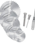 Eight Piece HSS Drill Saw Blades Kit for Rotary Tools and Drills with 1/8 inch shank, steel discs, and screwdriver