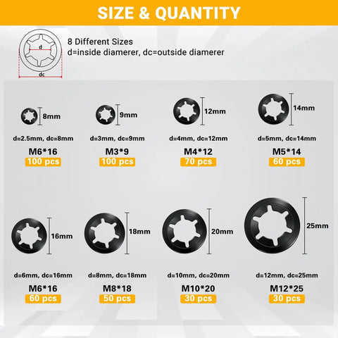 500 Piece Internal Tooth Star Lock Washer Kit With Carbon Steel Black Oxide Finish, chart of washer sizes M2.5 to M12
