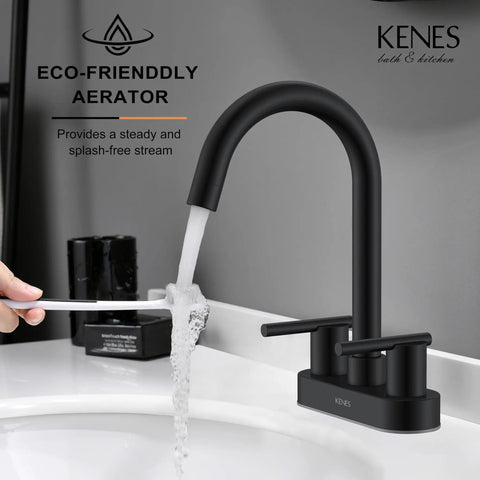 4 Inch Centerset Matte Black Two Handle Bathroom Faucet with Pop Up Drain and Two Water Supply Lines in use