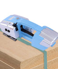 Built Like A Tank Cordless Electric Strapping Gun With Auto Friction Weld Tensioner And Cutter on wooden pallets, securing green strapping.