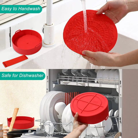 Air Fryer Silicone Liners Set For 5 Qt And Up Game-Changing Nonstick Food Grade Silicone Basket Liners With Split Strip Heat Resistant To 440F Reusable BPA Free With Handy Dual Handles Red being washed by hand and placed in dishwasher