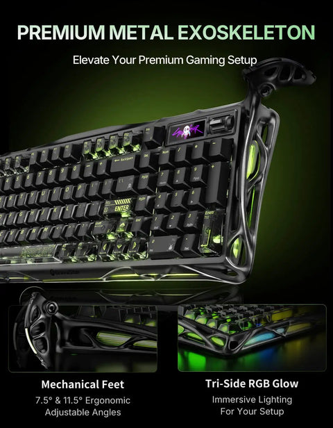 Slick 98 Key Wireless Mechanical Gaming Keyboard With Tri Mode Connectivity Bluetooth 5.4 And USB C Wired Hookups Featuring 8K Polling Rate, showing premium metal exoskeleton and tri-side RGB glow.