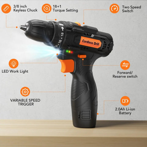 12V Cordless Drill Driver The Go Heavy Lifter With A Zippy 2.0Ah Battery And Lightning Quick Charger, showing variable speed trigger and LED light.