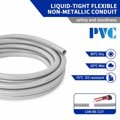 Flexible Liquid Tight PVC Electrical Conduit Kit 1/2-Inch Diameter, 25 Feet, Outdoor Non-Metallic Grey Coil