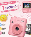 Kids Camera With Instant Print For Ages 4 To 10 Boys And Girls, Safe Kid Friendly Gadget With Shockproof Drop Protection, 6 Layer Safety, Triple Battery Anti Ignition, Easy Snap And Print, Ideal Birthday Gift And Photo Printer Toy. Pink instant print kids camera front view