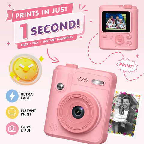 Kids Camera With Instant Print For Ages 4 To 10 Boys And Girls, Safe Kid Friendly Gadget With Shockproof Drop Protection, 6 Layer Safety, Triple Battery Anti Ignition, Easy Snap And Print, Ideal Birthday Gift And Photo Printer Toy. Pink instant print kids camera front view