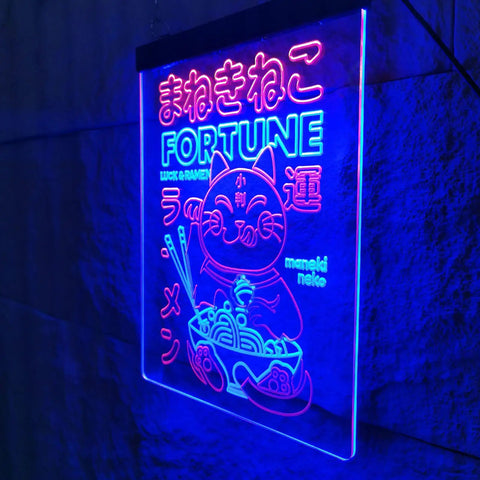 Beckoning Cat Neon Sign for Wall Decor LED Luck Light With Ramen Theme, Japanese Lucky Cat Wall Art for Good Fortune and Health
