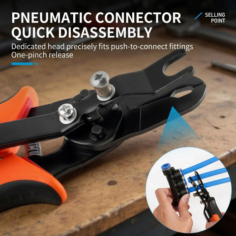 Disconnect Pliers Set For Air Lines showing close-up of plier gripping pneumatic connector for quick disassembly