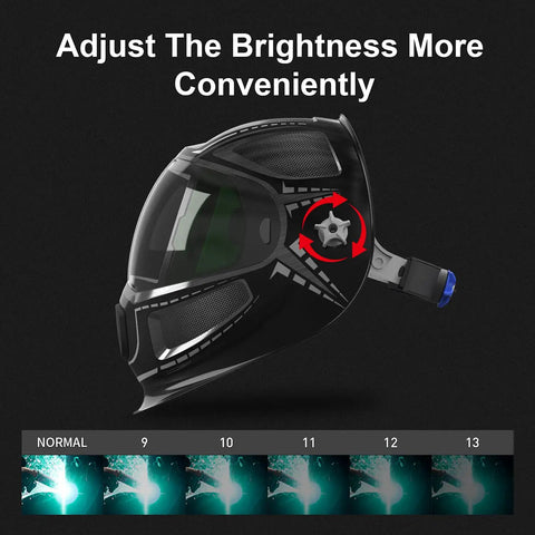 Side view of Large Viewing Auto Darkening Welding Helmet With True Color Clarity, carbon fiber shell, with brightness adjustment option.