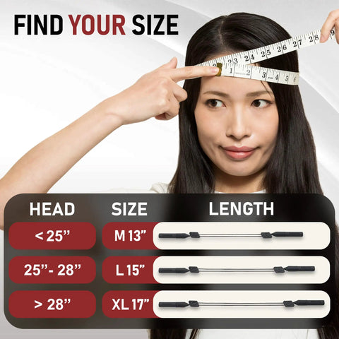Woman measuring head with tape, size chart showing M 13", L 15", XL 17" for No Tail Eyewear Strap For Glasses, Adjustable Retainer Lanyard