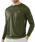 Man wearing Men's UPF 50+ Sun Protection Rash Guard Long Sleeve Shirt For Running Hiking Fishing And Workouts Army Green 2XL