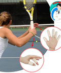 Woman playing tennis with Gel Finger Cots 14 Piece Set Soft Gel Finger Sleeves for Trigger Finger, inset details of sleeves on fingers.