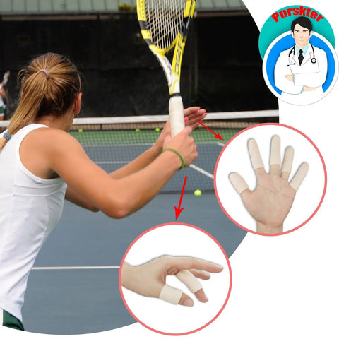 Woman playing tennis with Gel Finger Cots 14 Piece Set Soft Gel Finger Sleeves for Trigger Finger, inset details of sleeves on fingers.