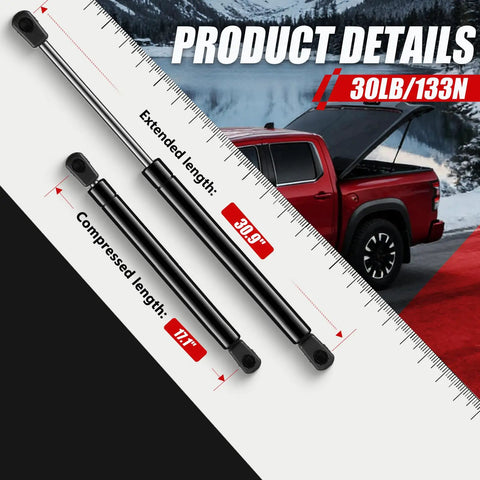 Rock Solid Gas Struts For Truck Tonneau Cover And Pickup Bed Topper Upgrade 30.9 inch hydraulic struts with measurements.