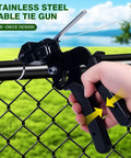 Heavy Duty Metal Zip Tie Gun Kit with 100 UV Resistant 11.8 Inch Stainless Steel Cable Ties shown securing chain link fence.