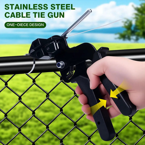 Heavy Duty Metal Zip Tie Gun Kit with 100 UV Resistant 11.8 Inch Stainless Steel Cable Ties shown securing chain link fence.