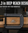 Beefy Heavy Duty Deep Reach C Clamp For Welding And Woodworking Extra Deep Throat Reach Four Point Three Inch And Two Point Eight Inch Jaw Opening Forged Steel G Clamp With Trapezoidal Thread And Swivel Pad For DIY Craft Projects. 4.3 in throat depth on wood