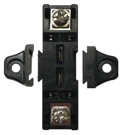 Heavy Duty Stackable Fuse Holder Panel And Distribution Block Compatible With Ato Atc And Min Atm Blade Fuses Featuring Hella Solid Plug And Play Wiring For Your Ride Or Rig In Black, showing top view with mounting points.