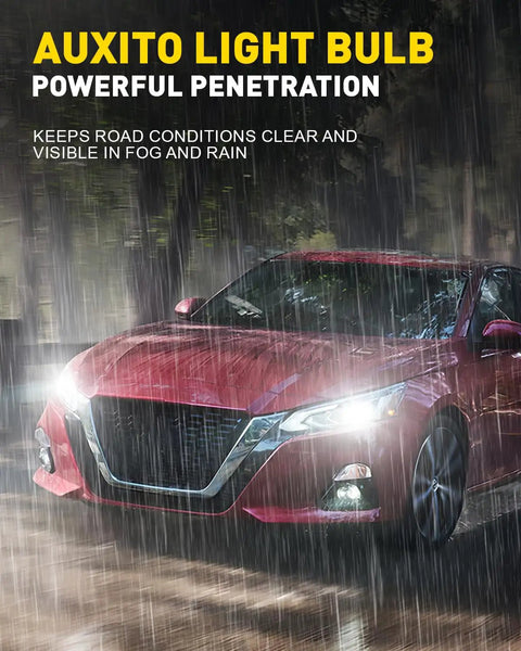 9005 HB3 LED Headlight Bulbs Pair, Straight Fire 40000 Lumens Crisp White Light, Plug And Drop Instant Setup, Zero Glare High Beam Auto Lighting, Own The Road Roll Smooth, 2 Pack showcased in a red car during rain.