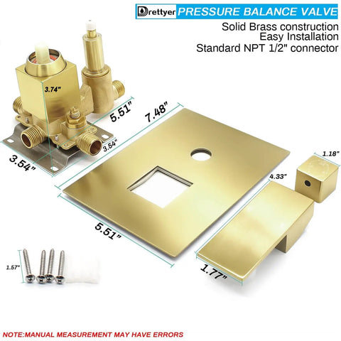 Brushed Gold 3 Way Shower Valve Kit With Concealed Brass Diverter And Flow Control Three Outlet Mixer components displayed