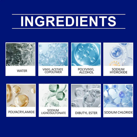Ingredients list for Two Formula Waterproof Sealant Paste 100g Transparent Quick Drying Anti Leakage shown with images of components