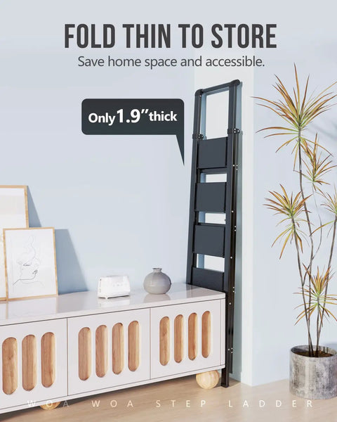Five Step Home Ladder With 300 Lb Capacity And 46 Inch Top Step, Stable No Wobble Design With Side And Back Braces, Slim Fold For Easy Storage, Compact Black Indoor Utility Ladder folded thin beside cabinet
