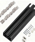 Rock Solid Double Bypass Sliding Barn Door Hardware Kit With Ten Foot Aluminum Track And Eight Slick Gliding Wheels For Heavy Loads That Delivers Zero Fuss Wall Mount Setup For Home Office Or Workshop Spaces hardware components including aluminum track and gliding wheels.
