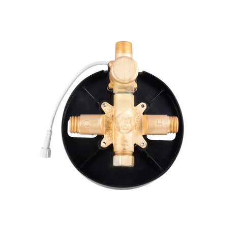 Shower Valve Trim Kit With LED Temperature Display Tru Temp Pressure Balance Rough In Valve Square Design Half Inch NPT Polished Chrome Finish Easy Install And Durable Brass Body, showing brass rough-in valve with wiring.